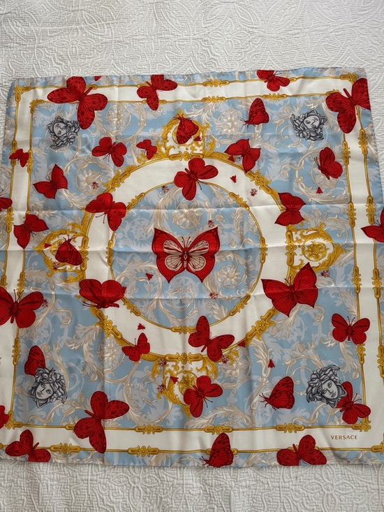 Versace Accessories - Versace NWT Red & Pale Blue Butterfly Silk Scarf with Gold Accents in BOX